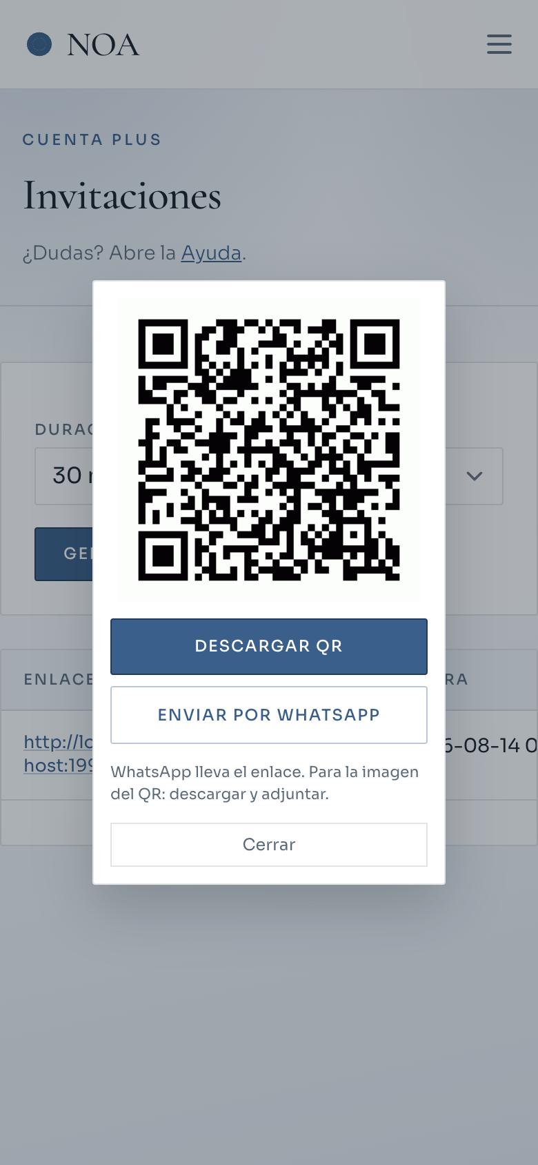 Invitaciones: crear enlace y compartir por QR o WhatsApp (móvil)