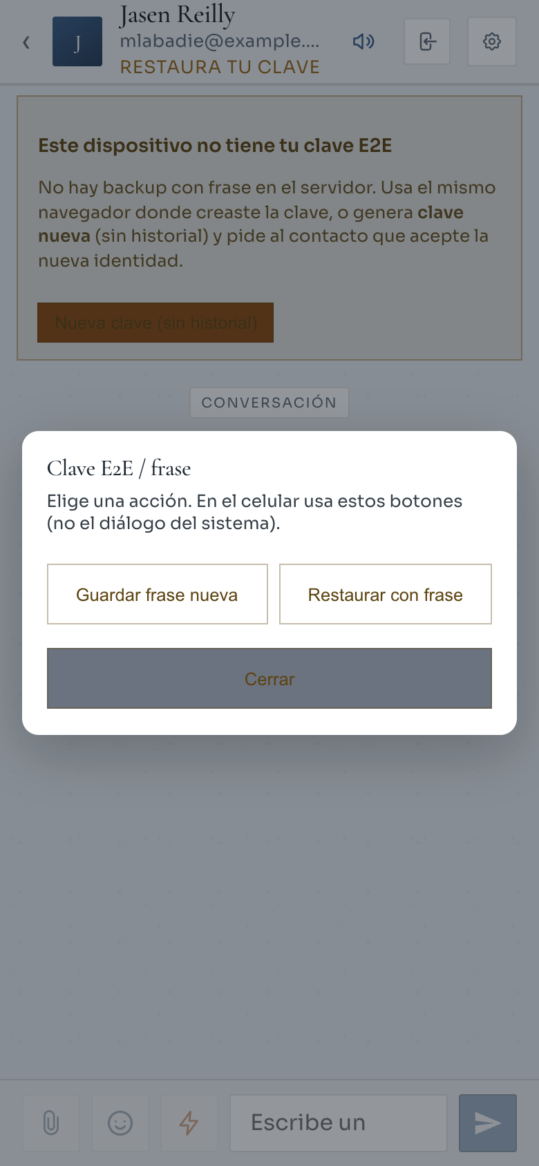 Modal Clave E2E / frase: Guardar frase nueva o Restaurar (móvil)