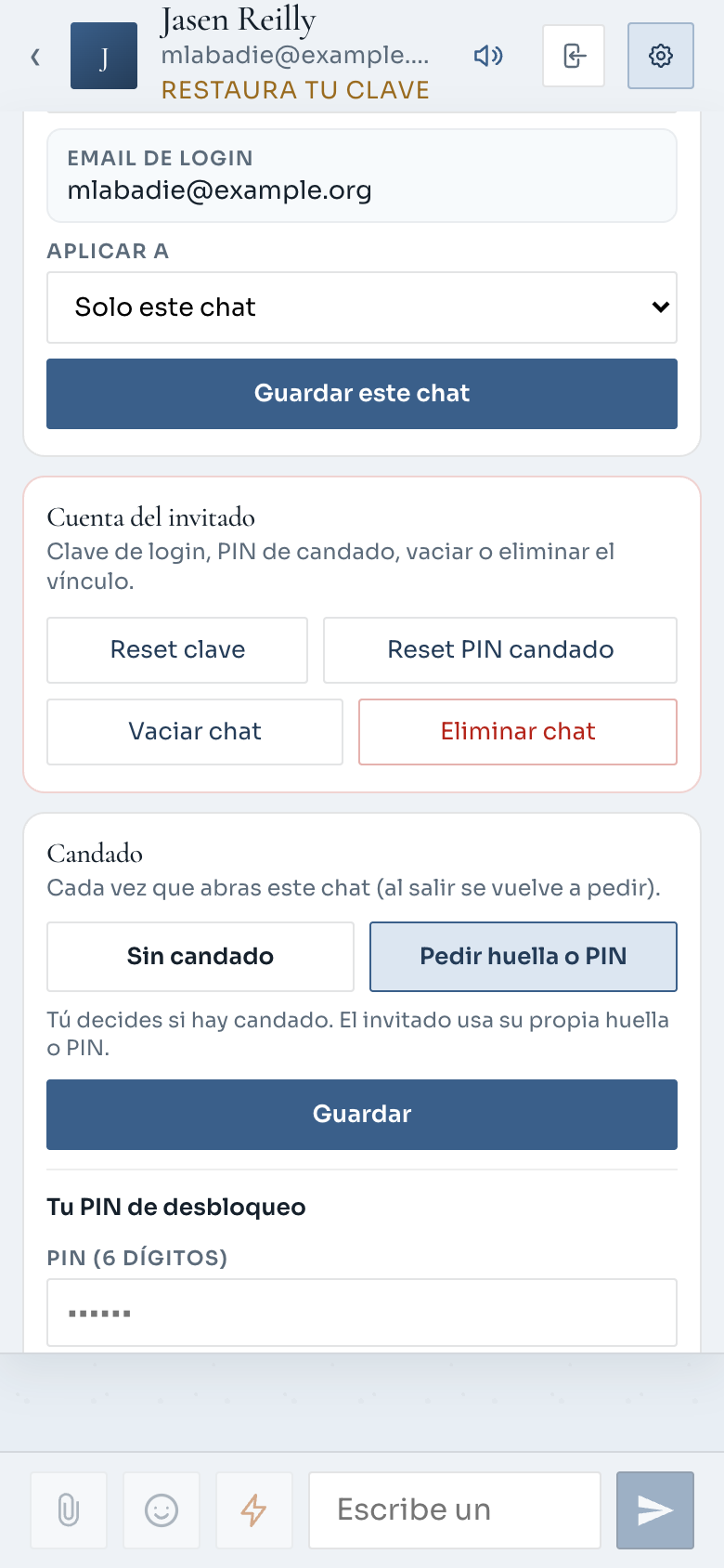 Cuenta del invitado: Reset clave, Reset PIN candado, Vaciar chat, Eliminar chat (móvil)